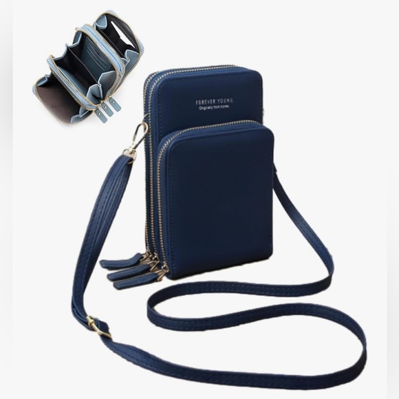 Forever Young Blue Leather Small Crossbody Bag Women’s Mini Messenger Purse - Picture 1 of 13